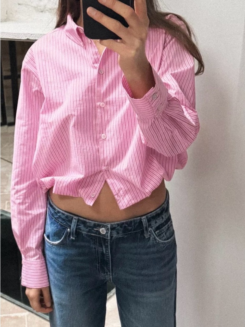 ZARA PINK STRIPED BALLOON POPLIN TOP SHIRT